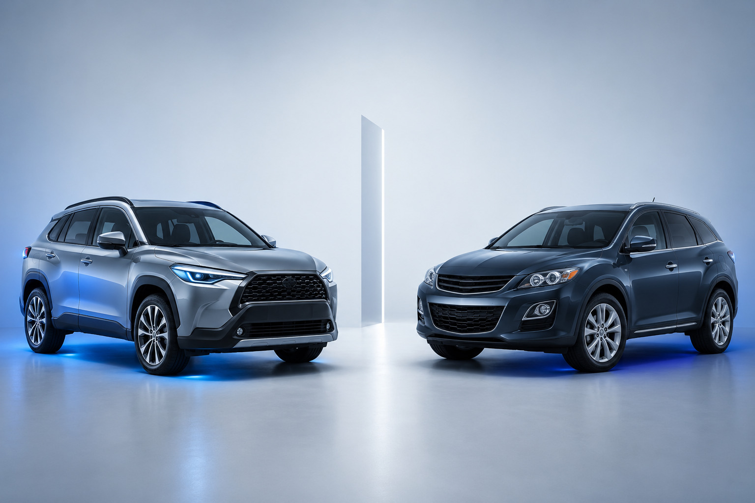 Toyota Corolla Cross y Mazda CX-7 presentados en una composición comparativa
